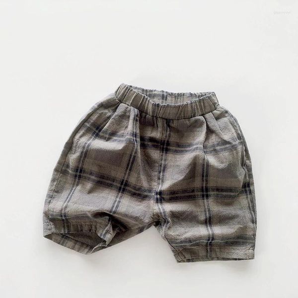 Shorts cota de linho de algodão xadrez 2024 Crianças escolares de verão Casual meninos meninos meninas curtas calças pequenas crianças usam por 1-8y