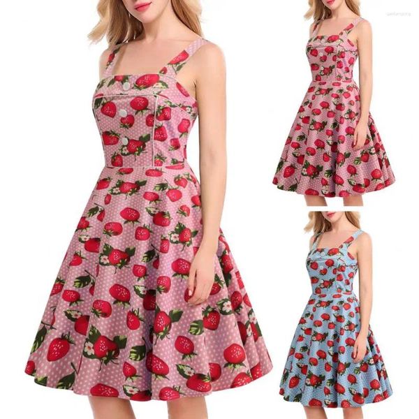 Lässige Kleider A-Line Big Swing Kleid Erdbeerabschluss mit Vintage Button Decor Rückenless Design Eleganter Cocktail für Frauen