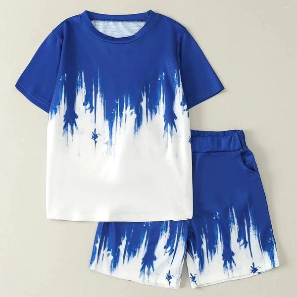 Набор одежды для мальчиков из 2 частей синего белого печатного набора пляжных одежды: легкая футболка с океаническими мотивами эластичные глубокие шорты карман