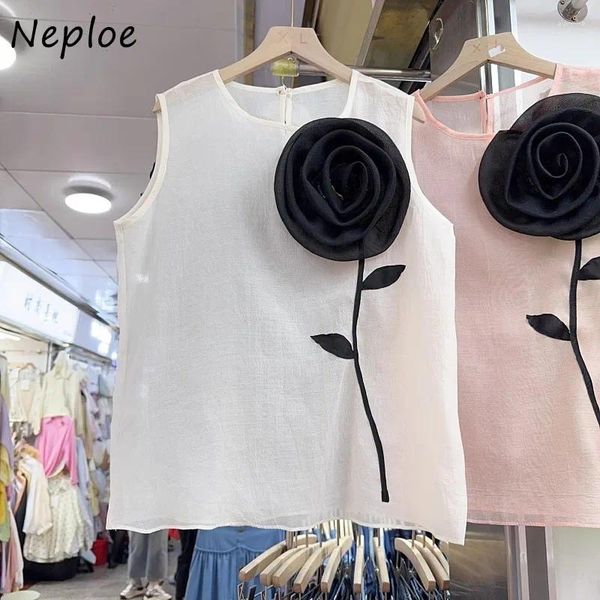 Serbatoi da donna Neploe Y2K E-Girl O-Neck Tops senza maniche Donne 2024 Summer Vest per Fashion Vintage 3D Flower Chiffon Top top