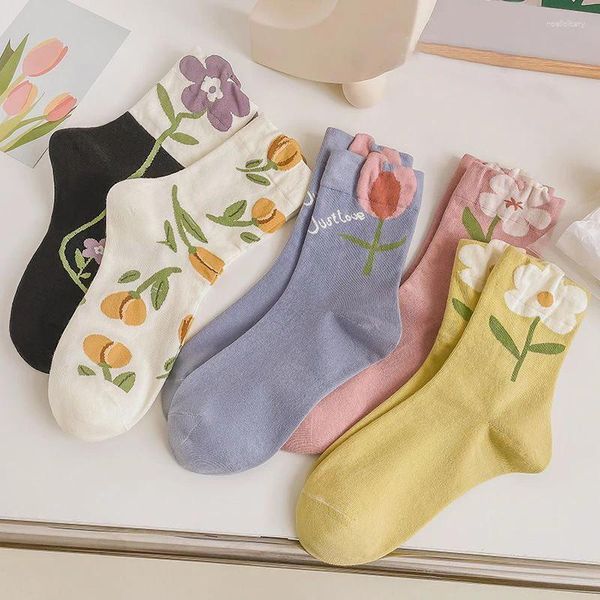 Mulheres meias 5 pares de meias femininas de cor doce confortáveis ​​com tendência de moda por Harajuku Design respirável