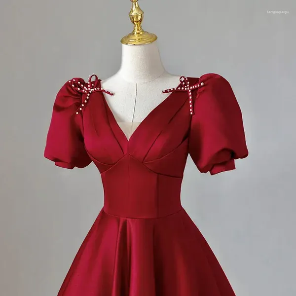 Parti Elbiseleri Vintage şarap kırmızı saten balo elbisesi v yaka puflu manşon yay a-line zemin uzunluğu akşam kadınlar resmi önlük