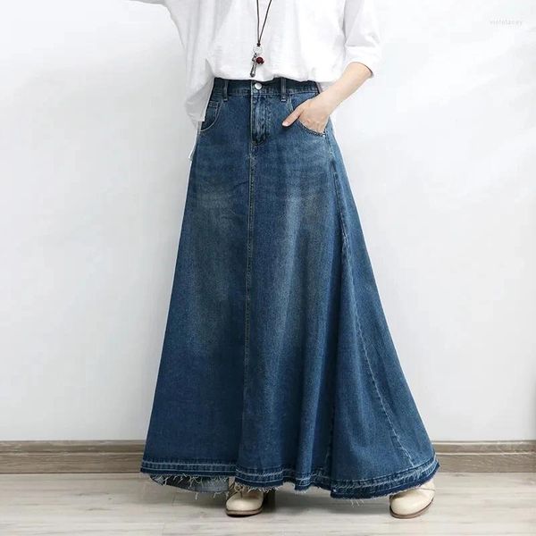 Scherma di grandi dimensioni di oversize ad alta vita in jeans swing lunghe donne slim sottile mezzo corpo a-line ombrello abiti casual casual