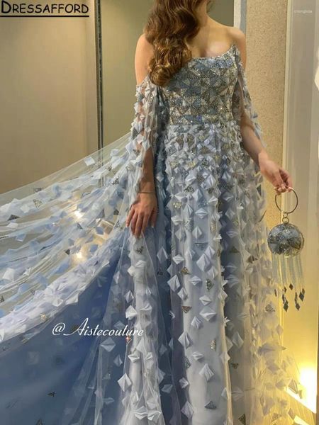 Vestidos de festa fitas de miçangas de cristal azul claro Dubai Prom A-line com Cabo 3D Flowers Arab Formal Vestes