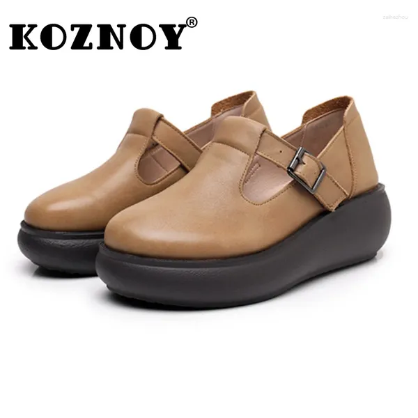 Sapatos casuais Koznoy 5cm Manual étnico retro genuíno plataforma de couro Wedge Summer Mulheres deslizam em apartamentos confortáveis de tamanho grande não lazer