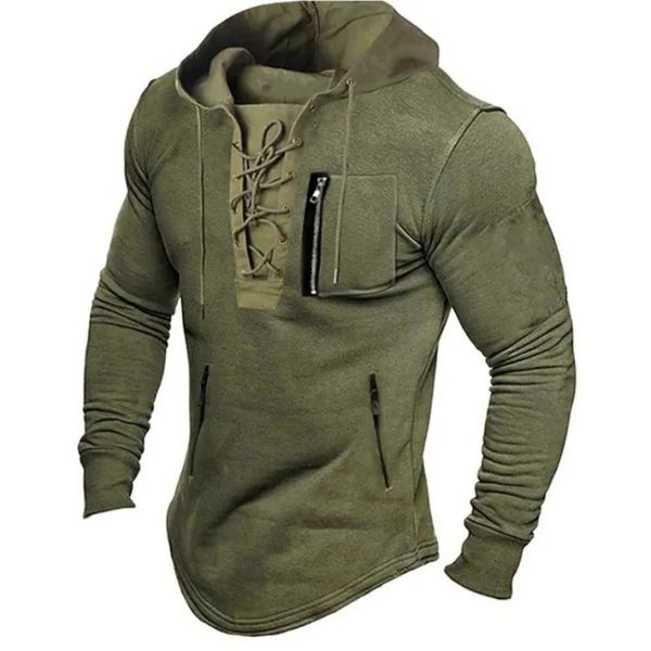 Mens Spring and Autumn Hoodie Solid Color Lace Up Taske Sports Sport Street Spazzati Spaccata 240428