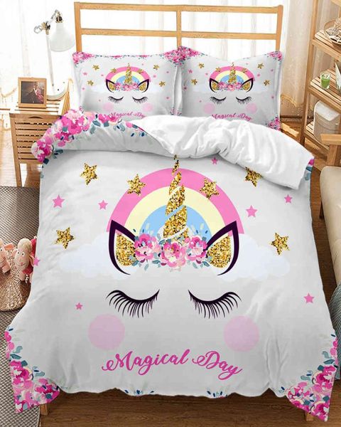 Kawaii Unicorn Girls Pink Luxury Bed Lnown King Twin Cobertores de tamanho completo Conjunto de roupas de cama KIDRES4730471