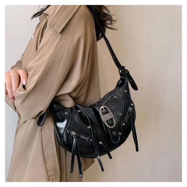 Hobo Jiaerdi Retro Moto Biker Bag Black Messenger Bag Women Women Punk Rivet Rivet CHIC Bola Y2K Bolsa feminina Girls Undermax Purse 2024