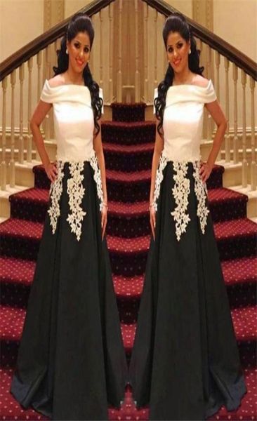 Fora do ombro Apliques de renda para o ombro Cetim um vestido de festa formal feita personalizada feita árabe, vestidos de baile branca preta saudita4893761