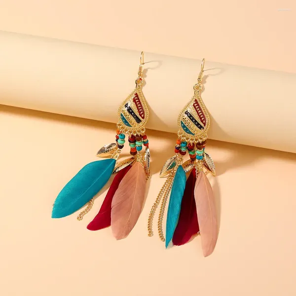 Brincos de bronzeamento Vintage Bohemia Imperial Style National Multicolor Long Feather Tassels for Women Fashion Jewelry Acessórios