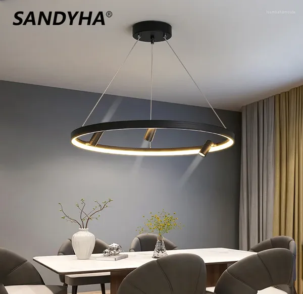 Kronleuchter Sandyha moderner einfacher LED -Kronleuchter mit Scheinwerfer schwarzer Ring -Anhänger Lichter für Schlafzimmer Wohnzimmer Innenlamp