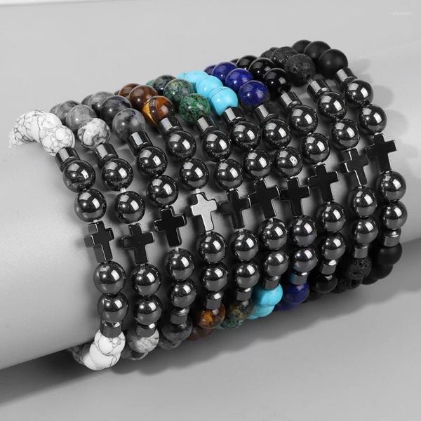 Strand Fashion Ematite Stone Cross Bracciale 8mm turchese tigre eye labradorite perle fascino per le donne uomini di energia