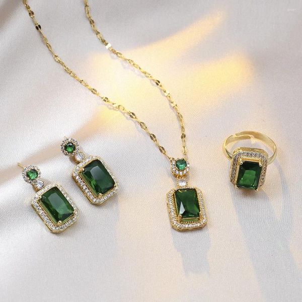 Brincos de colar Set Moda Feminina Feminina Verde Cristal Drop String Ring Ornamento Versátil Jóias simples atacado