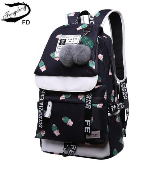 Fengdong Backpack da Escola de Impressão de Cactos fofos para garotas Bolsa à prova d'água Bolsas de viagem feminina Laptop Feminino Backpack USB Y1814752102