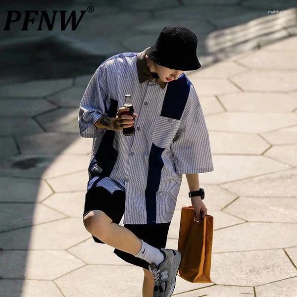 Camisas casuais masculinas pfnw listrado costura de costura curta de manga curta no estilo japonês tops machos 2024 verão chic 28w2935
