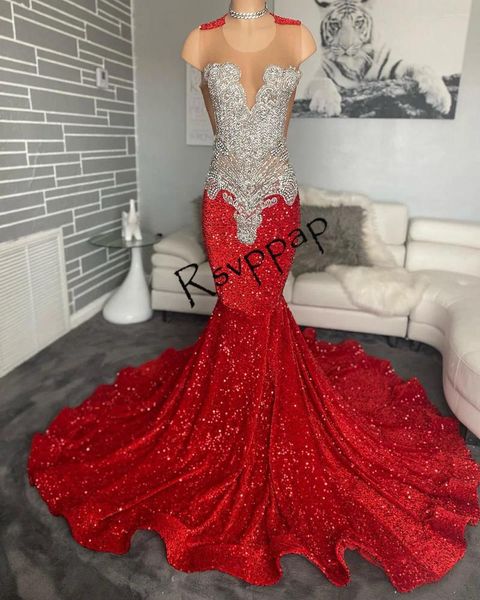Vestidos de festa, lantejoulas brilhantes Lace Black Girl Birthday Gowns Birads Luxurs Rhinestone Sheer Top Red Mermaid Long Prom 2024