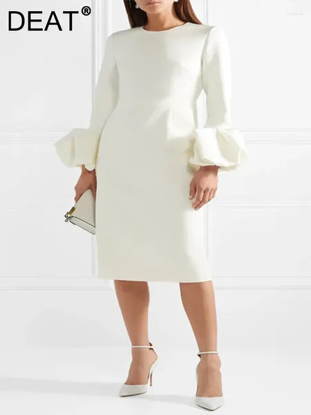 Vestidos casuais moda vestido feminino redondo pescoço slim manga longa punhos de lanterna branca quadril embrulhado no meio da primavera 2024 7Ab3646