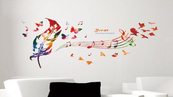 Music Notiz Bunte Feder Wandtattoos Schmetterlingsmuster Das Lied der Vögel zitieren Wandaufkleber DIY Home Dekoration Tapete Art D9778273