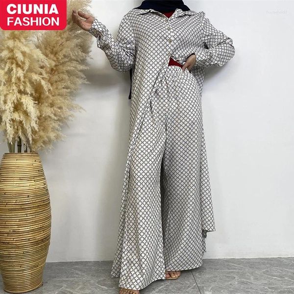 Ethnische Kleidung Ramadan Abayas für Frauen Drucken Satin -Strickjacken mit Hosen Türkei Bescheidenheit Robe Sets marokkanische Kaftanfrau Muslim Kaftan Kimono