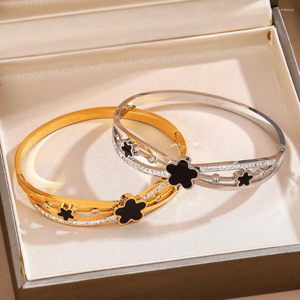 Bangle 316L из нержавеющей стали Циркон Полые цветы для женщин Модные золотые текстурные браслеты браслеты