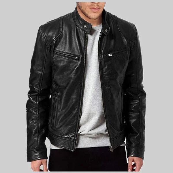 Spring Mens Mode Lederjacke Schlanker Fit Ständer Kragen PU Männliche Antiblind -Motorrad -Revers -Diagonal Reißverschluss Jacken 240426