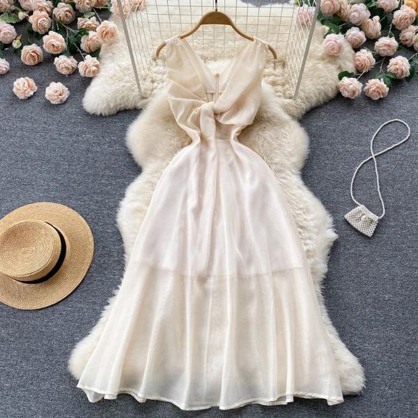 Lässige Kleider Frauen Fairy Kleider französischer Stil sanftes V-Ausschnitt mit ärmelloses Hosenträgern Mode süße hohe Taille A-Line Mid-Langer Kleid