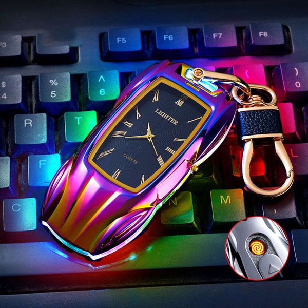 Cooler Sportwagen Quarz Zifferblatt Keychain leichter USB leichter wiederaufladbar Zigarettenuhr leichter