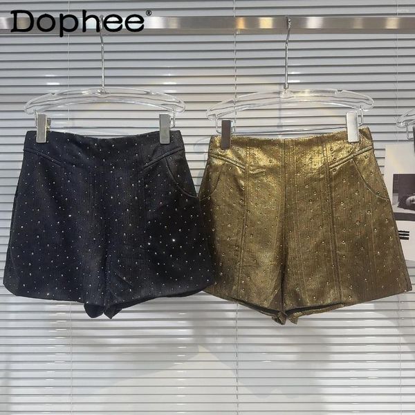 Damen -Shorts Girl Style Strass Metal Gloss Golden 2024 Sommer Mode High Taille Bohren schwarzer Freizeit für Frauen