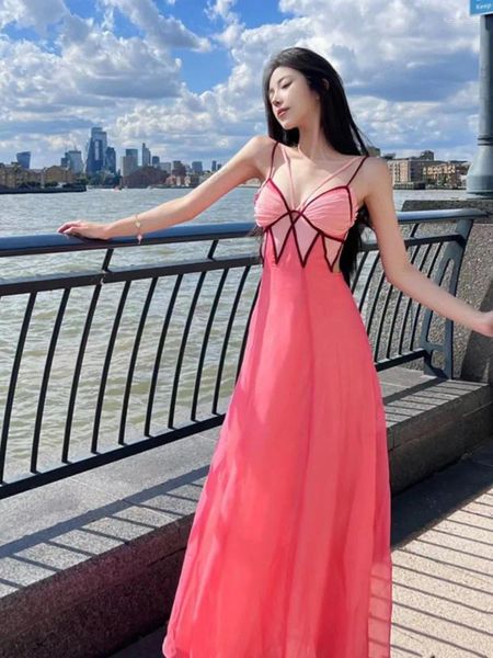Lässige Kleider sexy Sommerurlaubskleid 2024 Frauen ärmlos trägerlose hohe Taille A-Line Long Pink Fairy Backless Beack