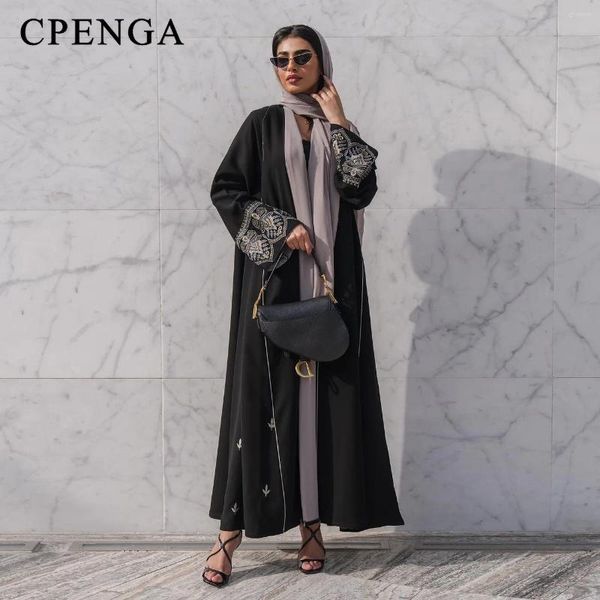 Roupas étnicas 2024 Bordados Dubai Modesto Cardigan Luxo Eid Muslim Open Abaya Vestidos Islã Black Coat Fashion Turquia Kimono Robe