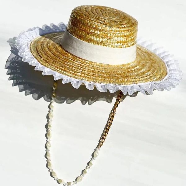 Chapéus largos da borda Mulheres Chapéu de verão Flor Flor Trim palha com longa Pérola Gold Metal Chain Boater Chainwide Sun Beach Party Party