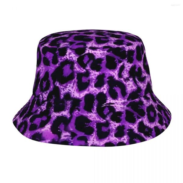 Beret Purple Leopard Eimer Hut für Männer Frauen Muster Fischermütze Vintage Travel Wanderkappe falten Design Visor