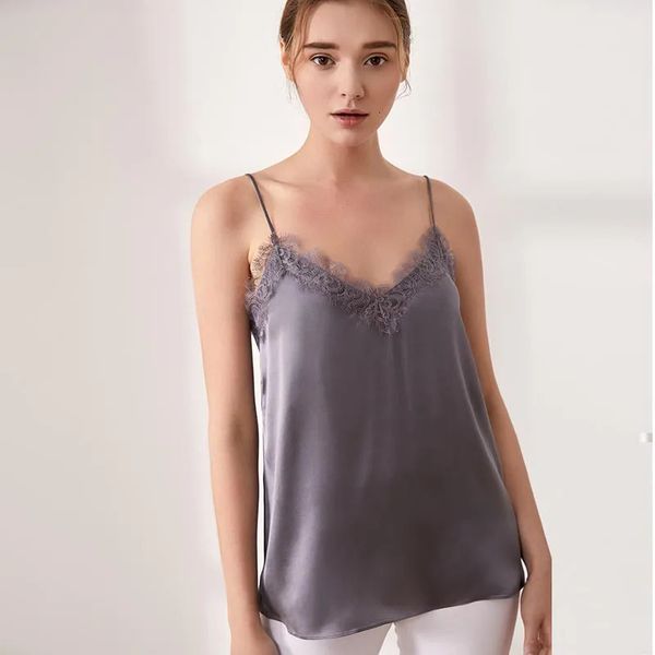 Birdsky 1pc Women Sex CamiSole Tank Serbatoio Vestinoso V Neck Lace Mumo Mosti 100% Colori solidi di seta a gulbo reale S-729 240422