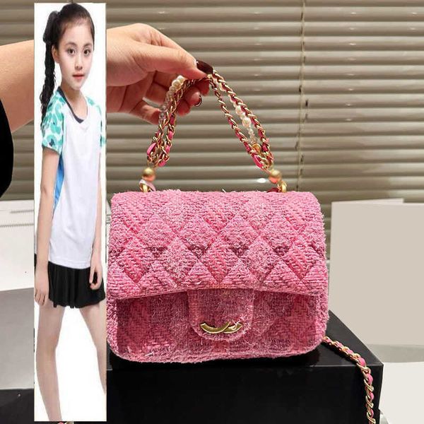 Kids Bags Luxusmarke CC Bag 24p Womens Classic Mini Flap Square Quilted Tweed Fuchsia Black Bags mit Perlenketten Handy Totes Gold Metal Hardware Matelasse Kette