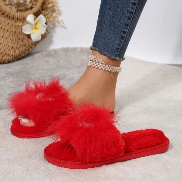 Scarpe casual 2024 Slifori di peluche calde donne Slide tacchi bassi piatti Piattaforma cristallina bling piattaforma di pelliccia soffice zapatos