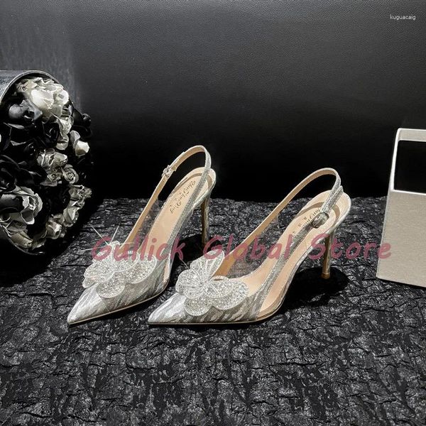 Kleiderschuhe 2024 Ankunft Spitzer Zehen flacher Schmetterling Strass Slingback Sandalen Sommer Hochzeit schöne Frauen