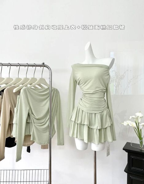 Рабочие платья Женские светло-зеленые подходящие наборы винтажная футболка с длинным рукавом с мини-юбкой A-Line Y2K Элегантная одежда 2000-х годов Лето 2024