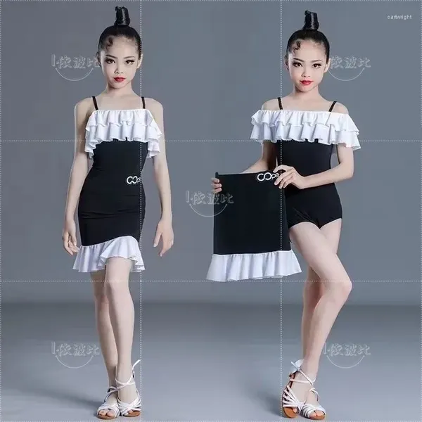 Stage Wear Feminino Feminino Latim Dance Clothes Professional Girls Professora Black and White Stitching Celebrity Sling Performance Set