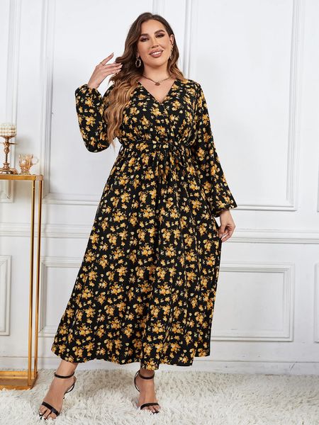 Plus size wrap v pescoço feminino de manga longa vestido de cintura robe de cintura impressão floral feminina outono de outono de roupa elegante 240422