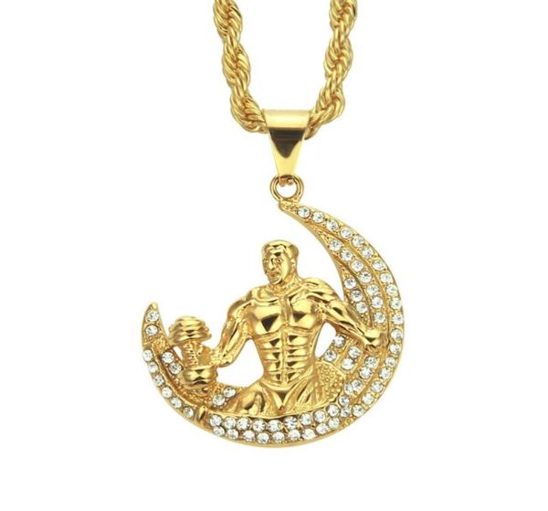 Hip Hop Dumbbell Body Building Muscle Man Anhänger Halsketten für Männer Frauen Herren Anhänger Gold Silber Kette Halskette Schmuck G8803847