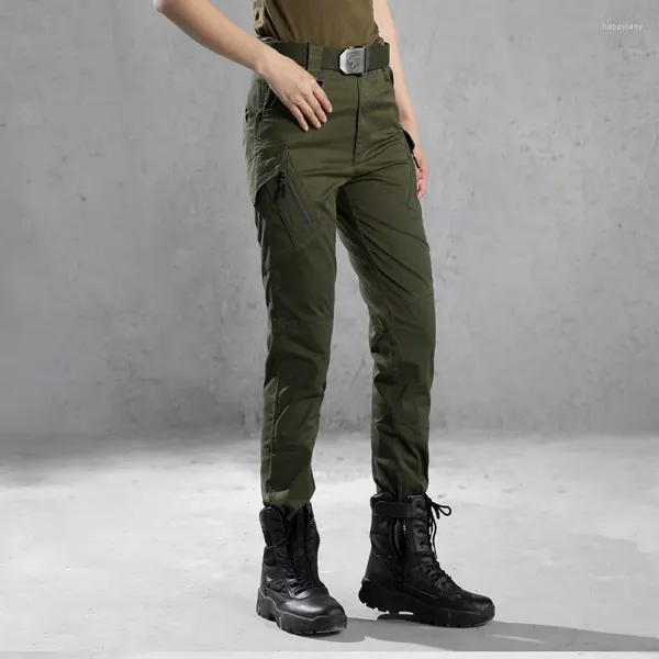 Calça feminina de cintura alta exército tático fêmea verde algodão reto algodão cargo de caminhada com vários bolsos de bock-bock