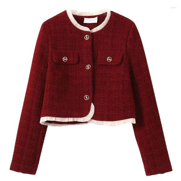 Abiti da donna vino rosso piccolo cappotto corto donna sorgere di alta qualità a maniche lunghe o collo francese tweed giacca femminile da donna