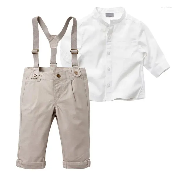 Giyim Setleri Bahar Sonbahar Çocuklar Çocuklar Toddler Uzun Kollu Beyaz Gömlek Askı Pantolonu Doğum Günü Düğün Beyefendi