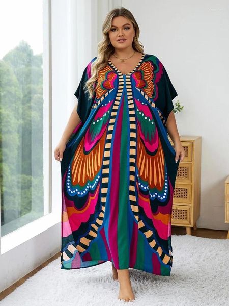 Artı beden bohem basılı v yaka şık kadınlar uzun elbise Kaftan Tatil Kapak ev robe salonu Giyim Q1342