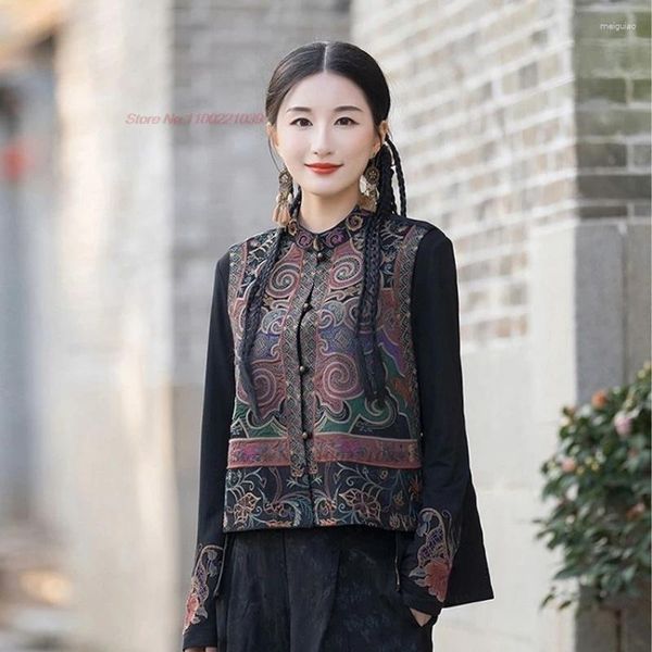 Roupas étnicas 2024 chinês vintage jacquard colete folclórico bordado nacional bordado stand colar colarinho de dupla face