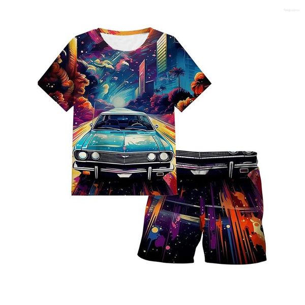 Set di abbigliamento Miniso Sports Car Summer Shorts Shorts Shorts Shorts Set 3D Stamping T-shirt for Boys Trendy Cool Abiti per bambini