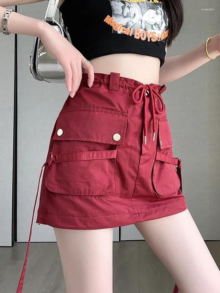 Saias Sexy Red Mini Skia Sweet High Street Pocket Cargo Coreano Design de estilo Slim for Women