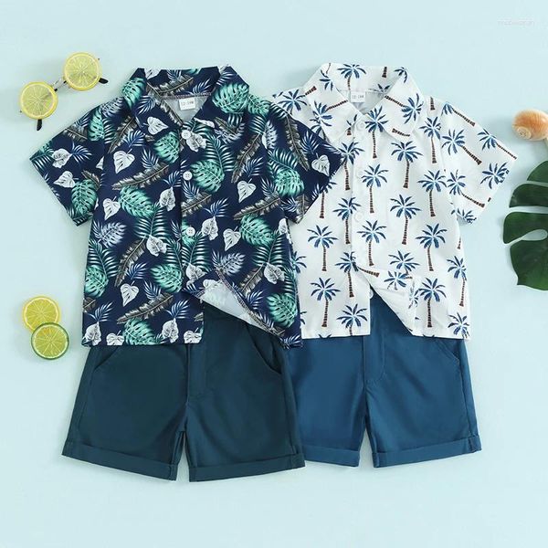 Kleidungssets 1-5 Jahre Kinder Jungen Sommer Beach Hawaii Outfits Kurzarm Baum/Blätter Druckhemd mit Shorts Kleinkindkleidung