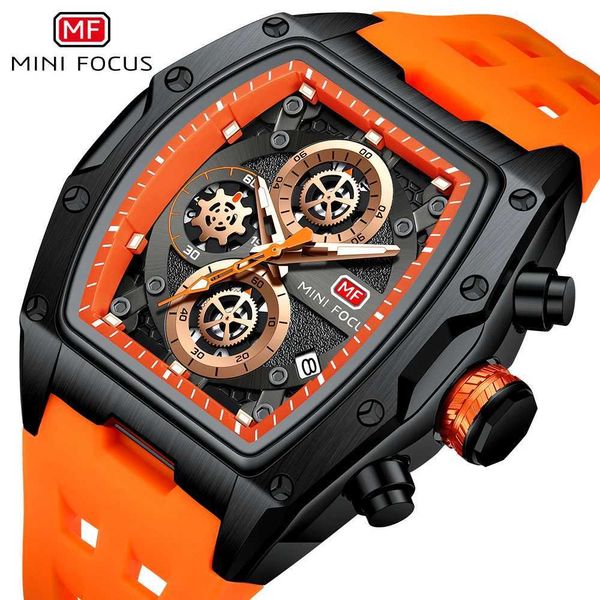 Armbanduhren Mini Focus Sports Mens ES Top Marke Luxus Multifunktions -Zifferblatt Fashion Quarz für Männer Orange Sile Gurt 0473G D240430