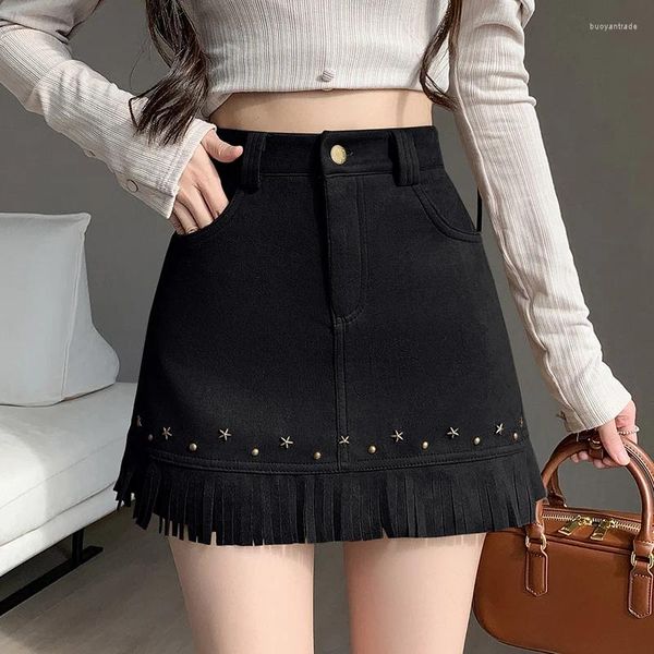 Saias Qoerlin Suede Mini cintura alta A-line Fringe Fringe Slim Tassel Tassel Salia curta Mulheres 2024 zíper Flye Pocket